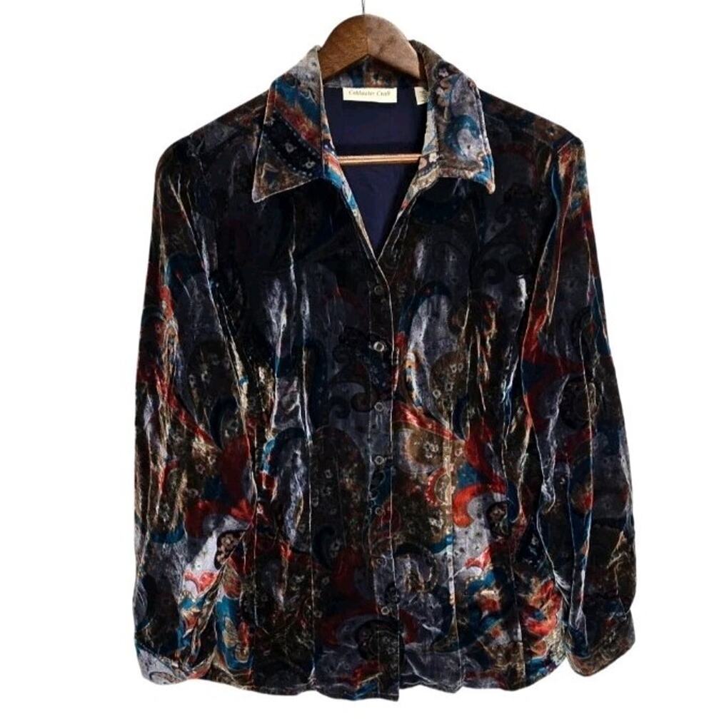 Coldwater Creek Women's Button-Up Velvet Shirt 1X Paisley Jewel Tone Whimsigoth